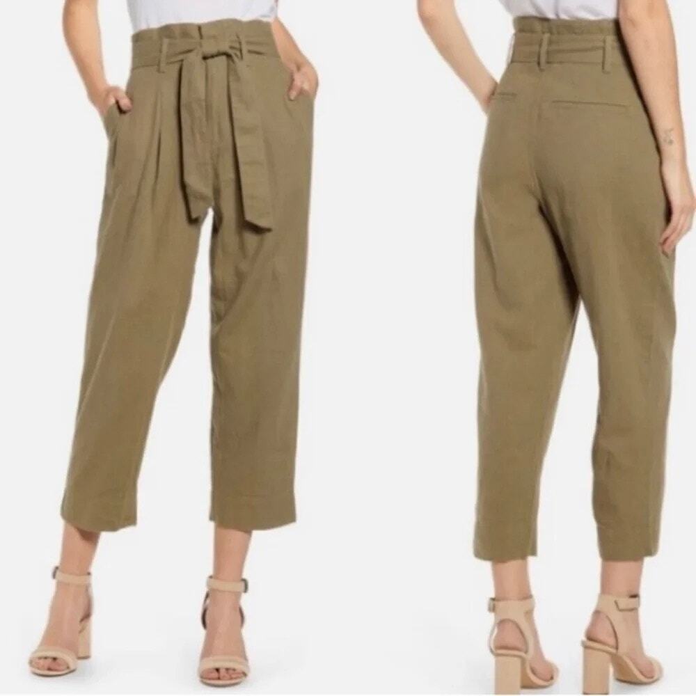 Madewell Linen Paperbag Pants High Rise Belt Pleats Tapered in Olive Green Sz 00